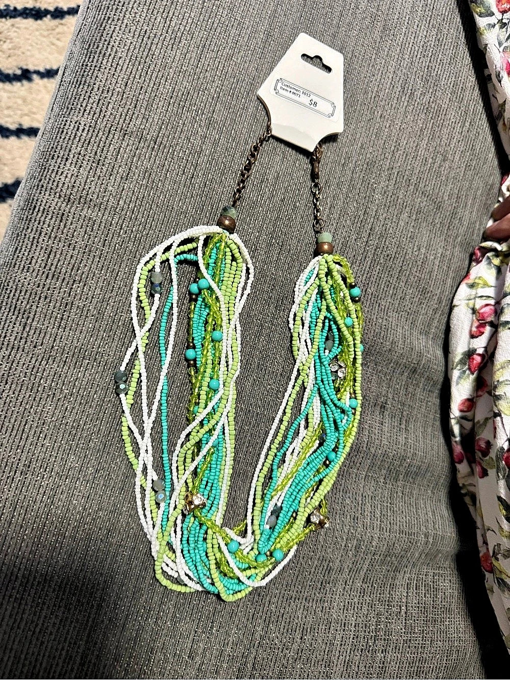 Beaded Statement Necklace in Green & White